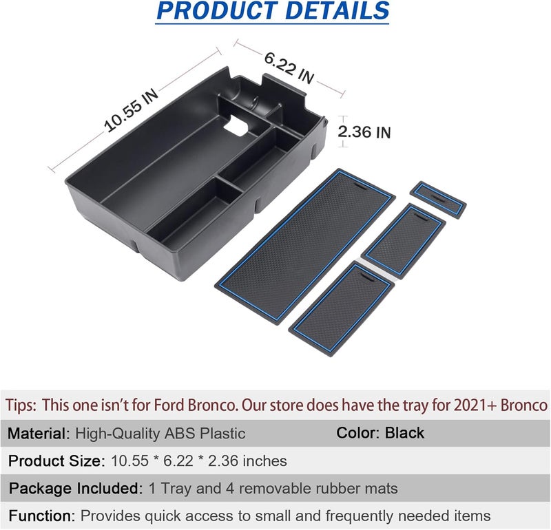 TOPINSTALL Blue Center Console Tray Compatible with Ford Escape 2020-2026 / Bronco Sport 2021-2026 Accessories, Armrest Box Long Compartment Storage Organizer Coin Container - Image 4